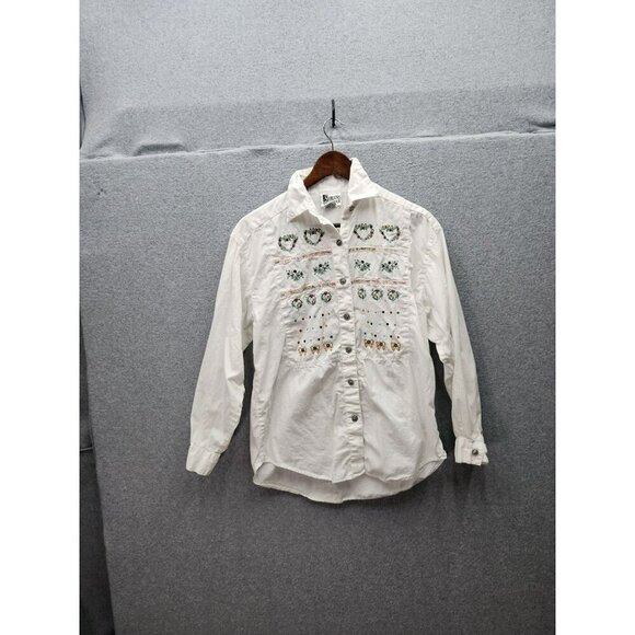 Vintage White Button-Up Shirt With Floral Embroidery Medium Jeans Wear - Picture 1 of 4